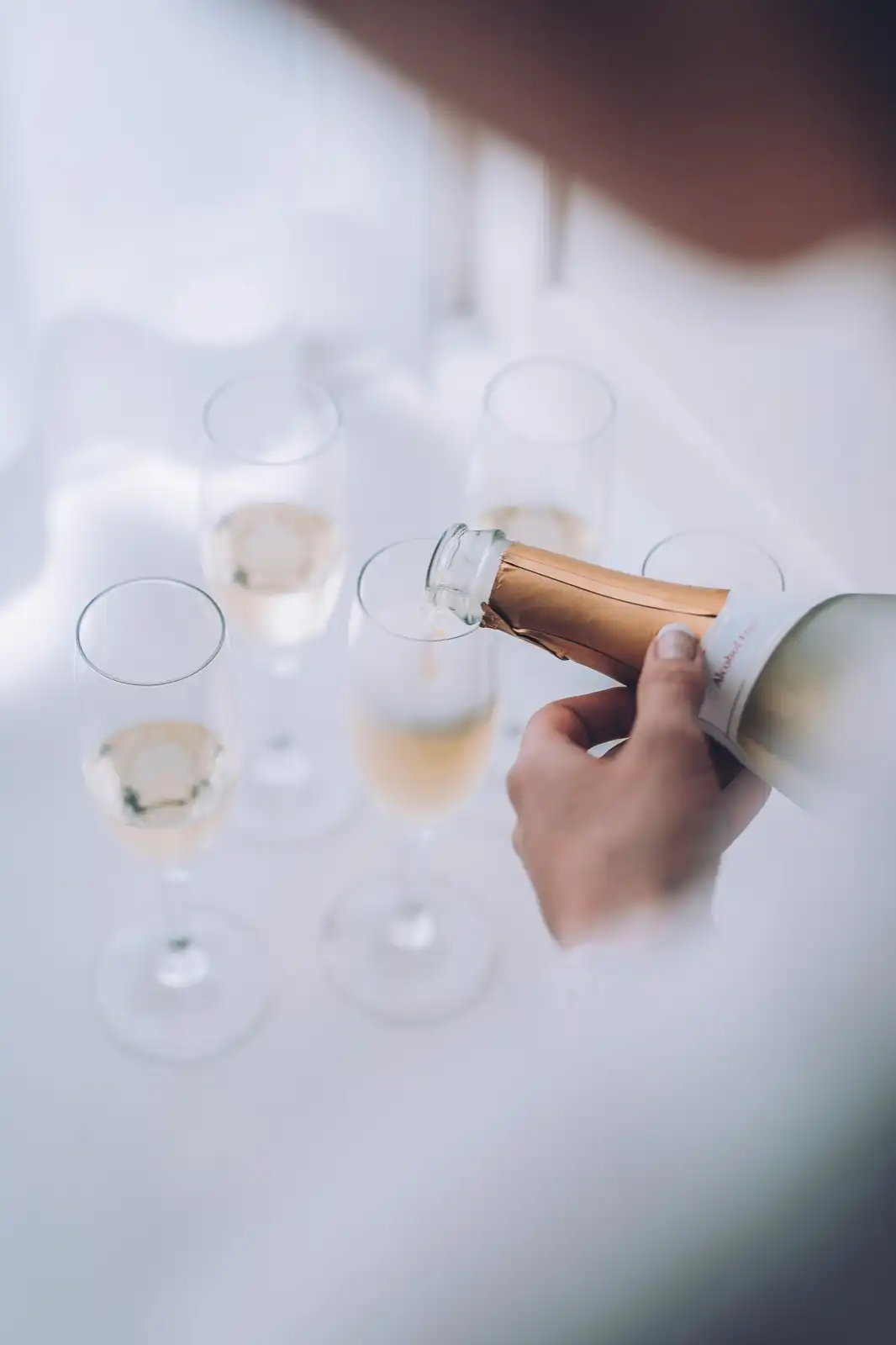 Champagne poured into a row of flutes